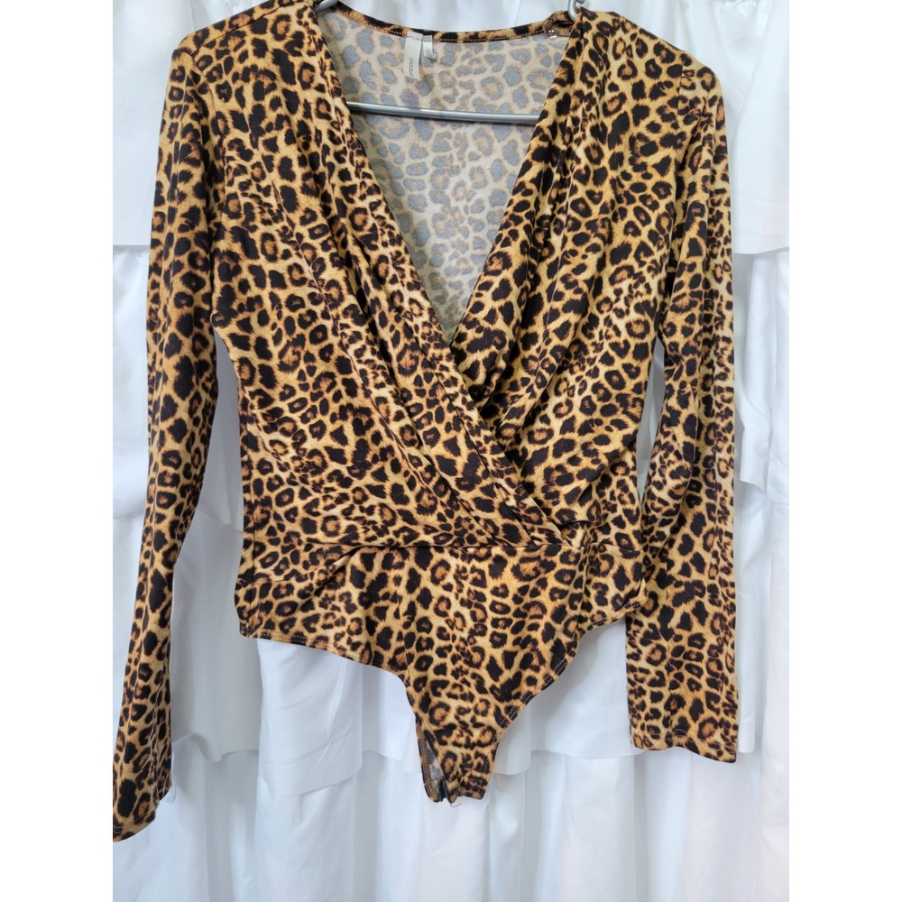 Chocolate Leopard Print Long Sleeve Surplice V-Neck Bodysuit Brown Black 2009